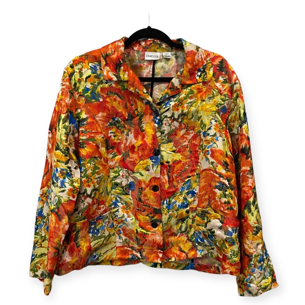 Chico’s Silk Blend Floral Colorful Print Blazer Red Orange Multi Size Large